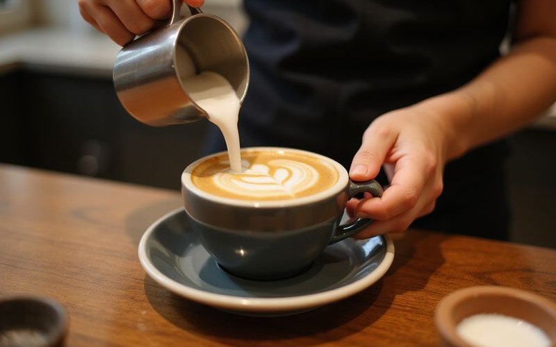 Barista crafting latte art at Bubbs and Bites Cafe showing the skill and dedication to quality coffee