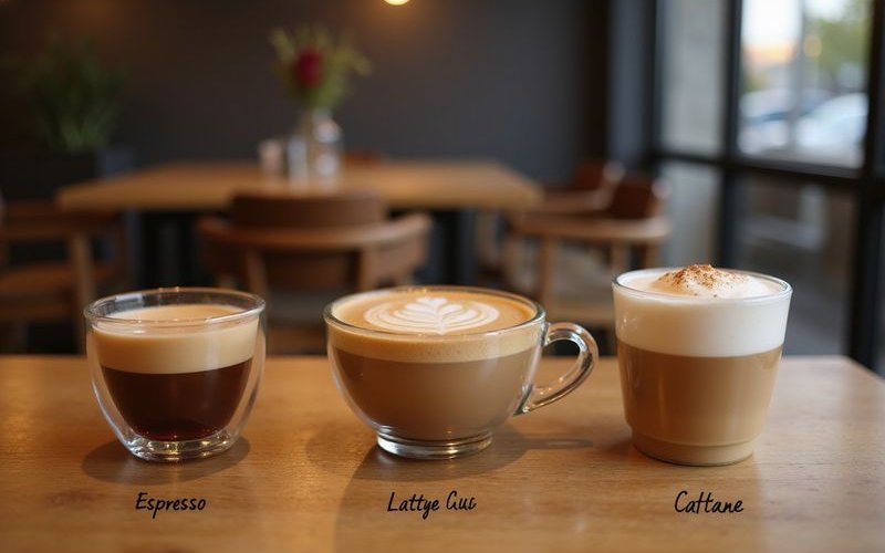 Various coffee drinks displayed showing the difference between espresso latte and cappuccino