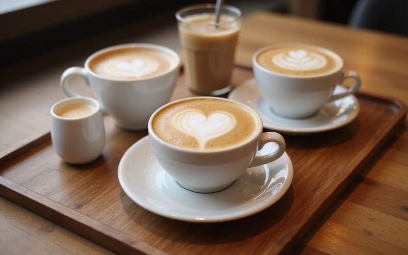 Selection of specialty coffee drinks including latte cappuccino and flat white served at Bubbs and Bites Cafe