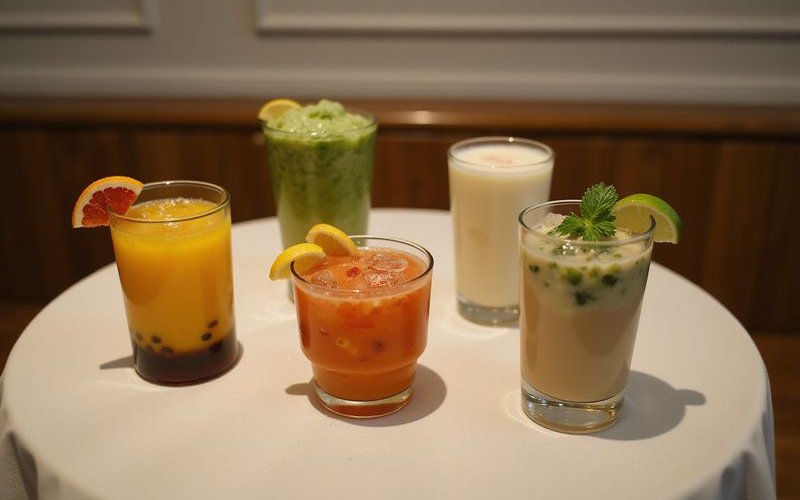Colorful selection of non coffee drinks including matcha and mocktails at Bubbs and Bites