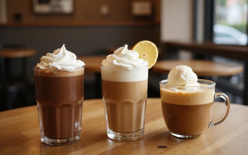 Flavored coffee drinks including mocha vanilla latte and affogato