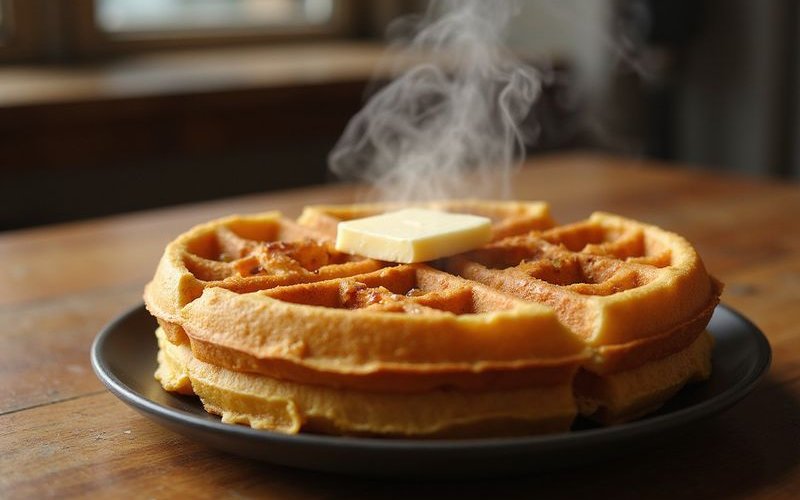 Golden crispy waffles being served fresh from the waffle iron at Bubbs and Bites Cafe