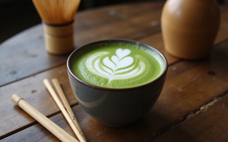 Hand whisked matcha latte the signature non coffee drink at Bubbs and Bites