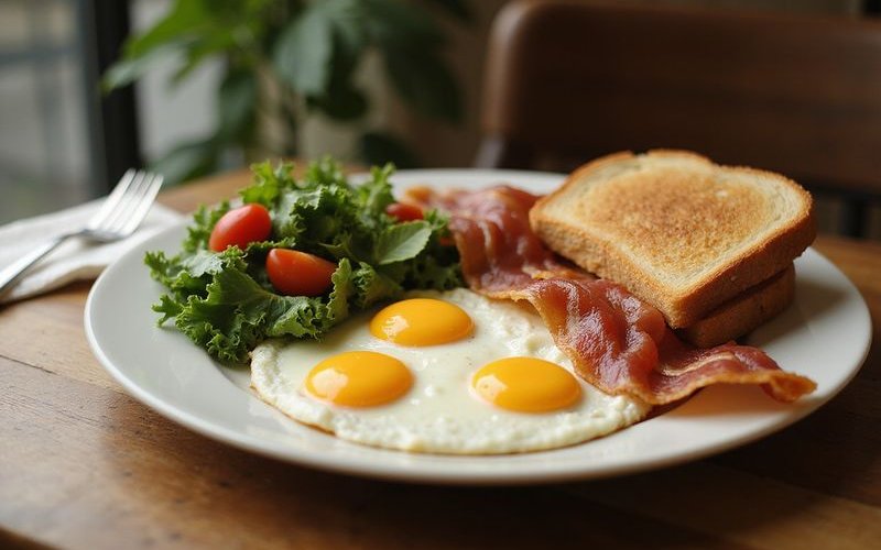 Hearty breakfast plate served at Bubbs and Bites Cafe with eggs bacon and toast