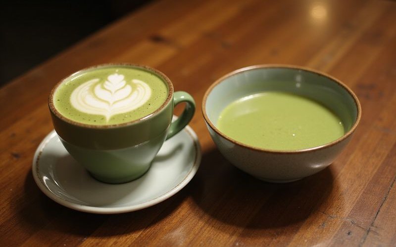 Side by side comparison of matcha latte and traditional matcha tea
