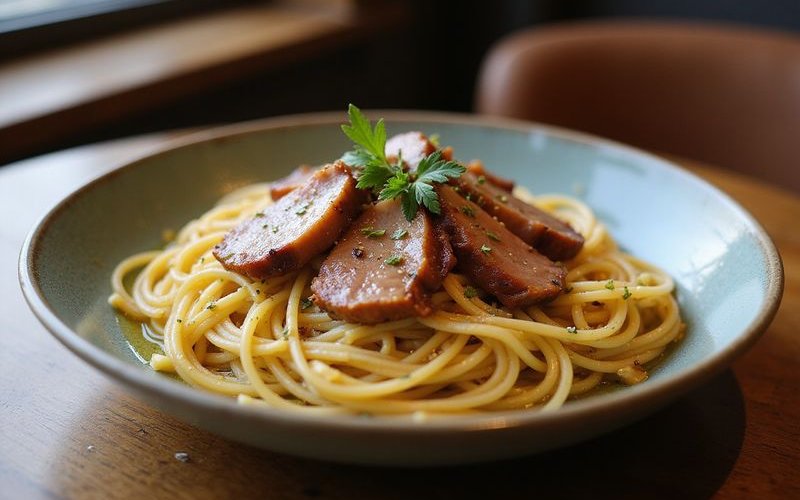 Smoked Duck Aglio Olio premium pasta dish at Bubbs and Bites Cafe