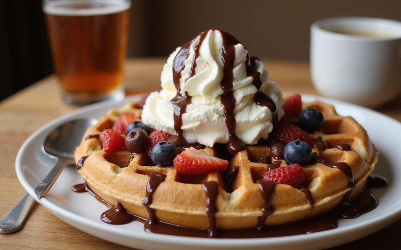 Sweet waffle with chocolate ice cream and toppings at Bubbs and Bites Cafe