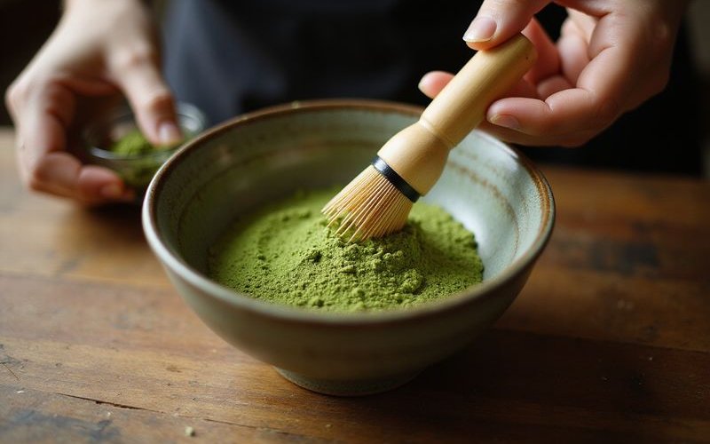 Traditional matcha preparation with bamboo whisk showing the ceremonial process