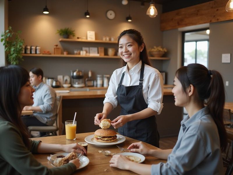 Belle the friendly owner of Bubbs and Bites Cafe greeting customers with a warm smile in the cozy Muji-inspired cafe interior