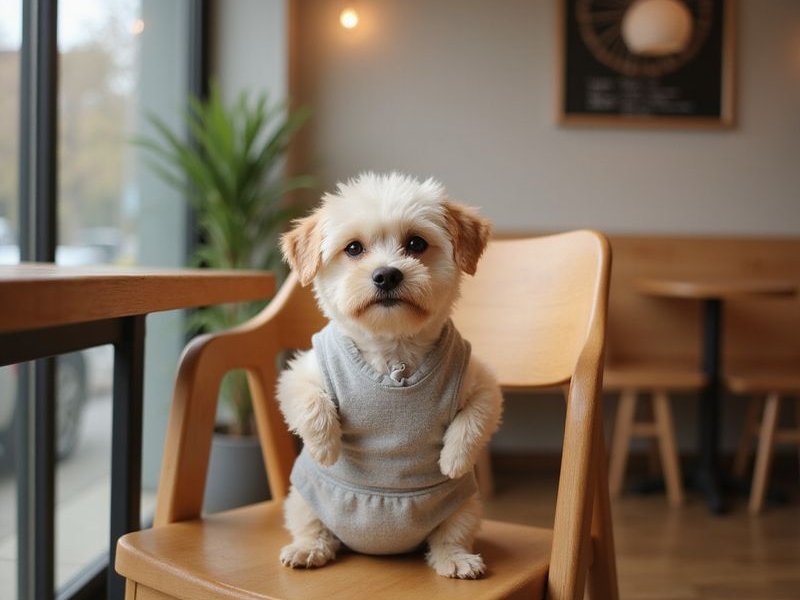 Adorable dog wearing a pet diaper enjoying time at Bubbs and Bites Cafe with owner
