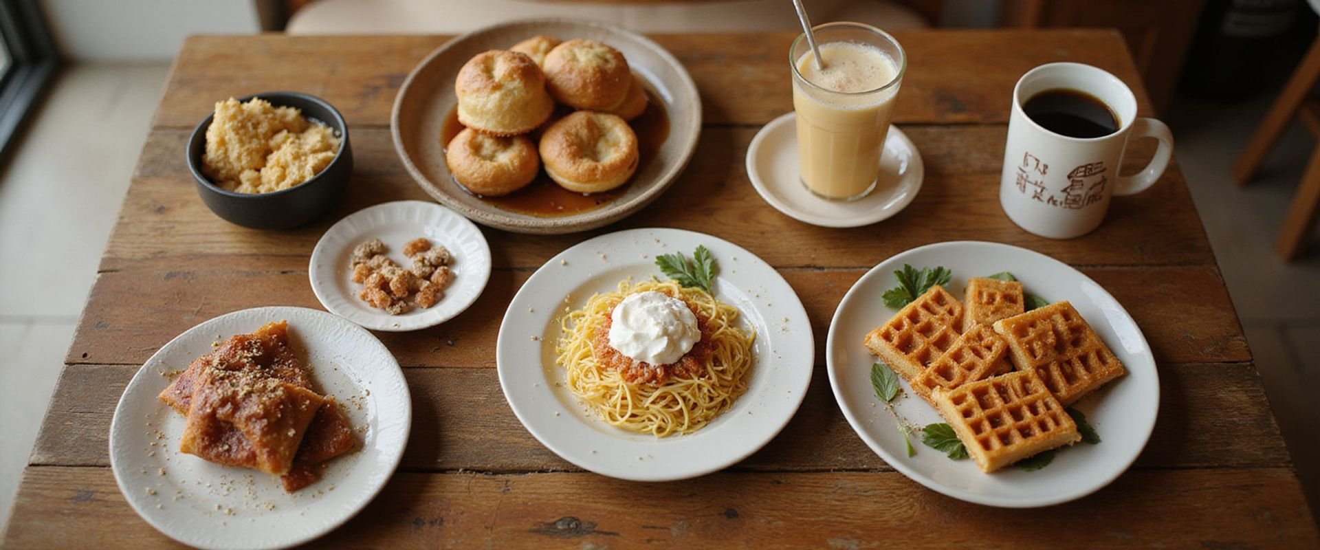 Bubbs and Bites Cafe menu display showing specialty coffee, signature waffles, pasta and drinks beautifully arranged on wooden table