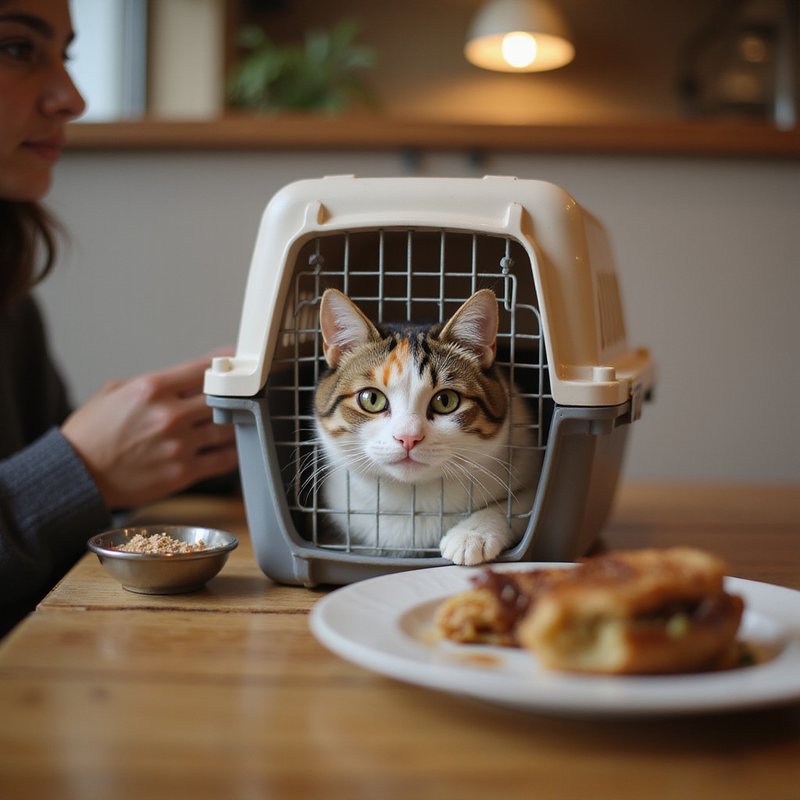 Cute cat in carrier enjoying indoor dining with owner at Bubbs and Bites pet-friendly cafe