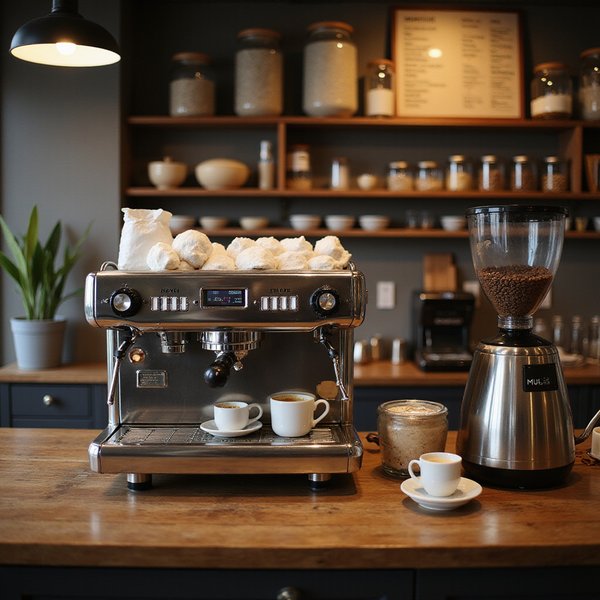 Coffee bar at Bubbs and Bites Cafe featuring professional espresso equipment