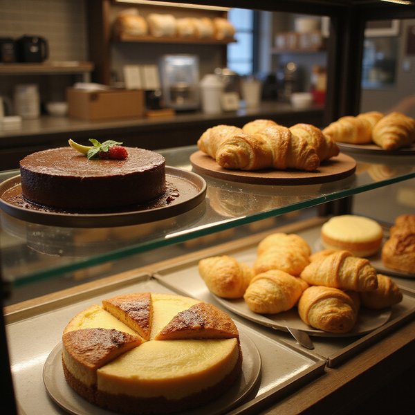 Fresh display of cakes and pastries at Bubbs and Bites Cafe counter