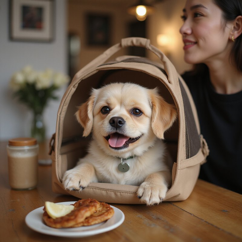 Adorable dog enjoying pet-friendly indoor dining experience at Bubbs and Bites Cafe with happy owner