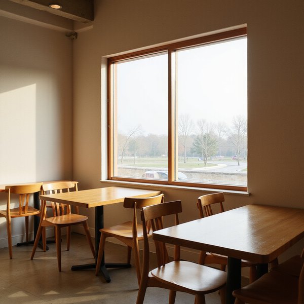 Minimalist seating area at Bubbs and Bites Cafe with natural lighting and comfortable chairs