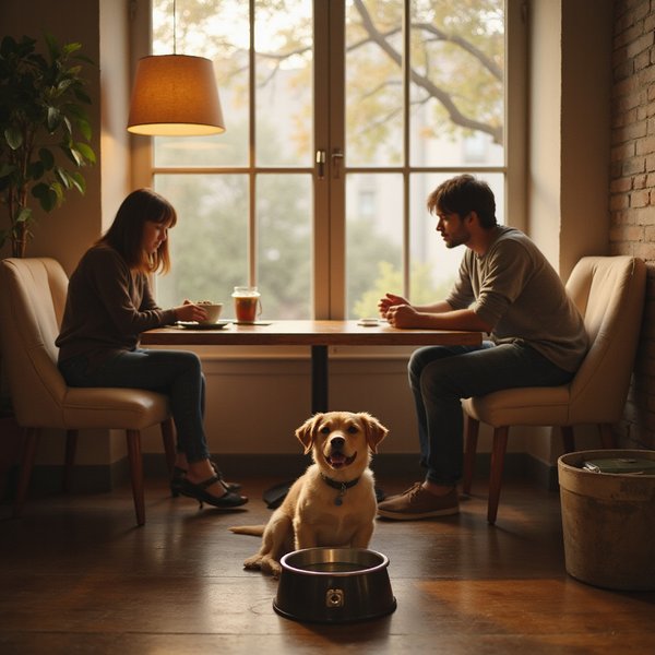 Pet-friendly dining zone at Bubbs and Bites Cafe with water bowls for furry guests
