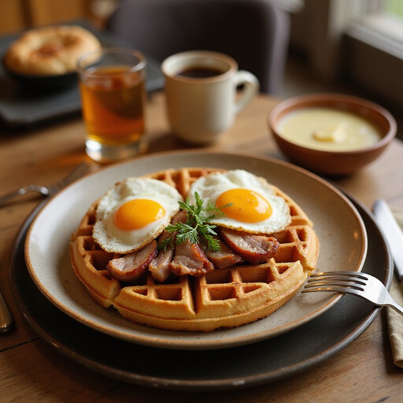Signature savory waffle topped with smoked duck and eggs at Bubbs and Bites Cafe looking delicious and appetizing