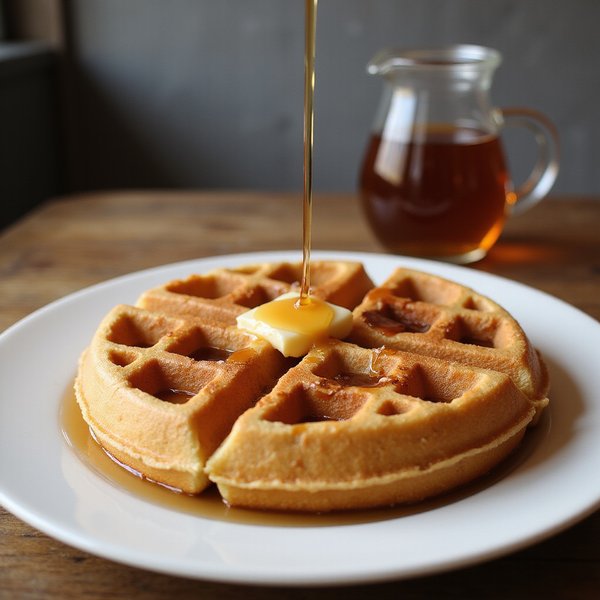 Golden crispy waffles with toppings at Bubbs and Bites Cafe featuring our famous Smoked Duck and Eggs savory waffle