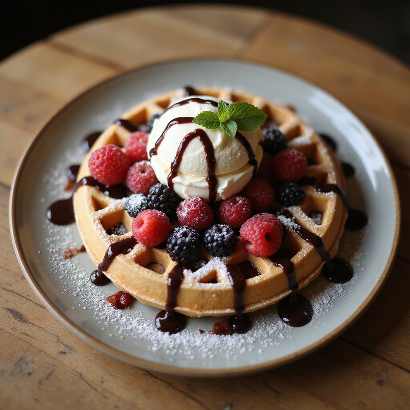Sweet waffle with Hershey chocolate ice cream and toppings at Bubbs and Bites Cafe