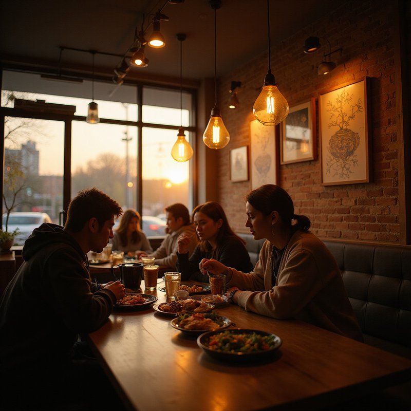 Warm and inviting evening ambiance at Bubbs and Bites Cafe with soft lighting
